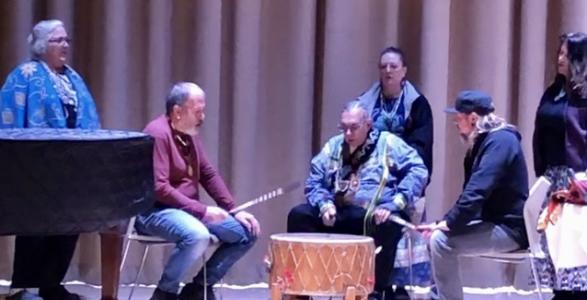 Keepers of the Way - Lenape Tribe Members photographed on DelVal's Stage with instruments. 