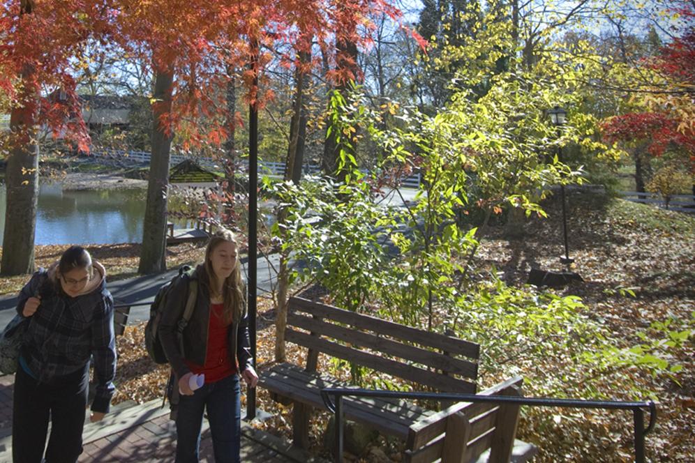 Two female students walking toward the arboretum