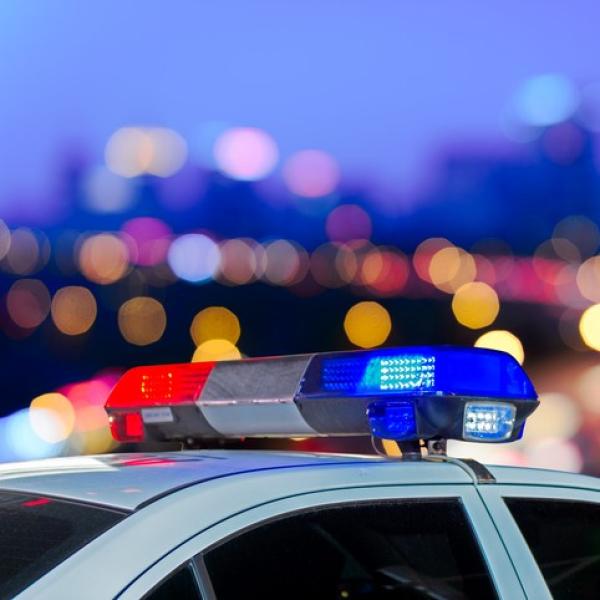 The lights of a police cruiser in the foreground, backed by a city skyline