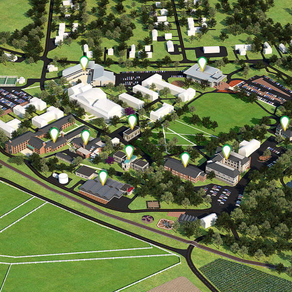 A three dimensional rendering of Delaware Valley University's Main Campus.