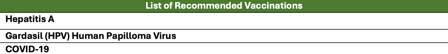 List of recommended vaccinations, obtained through the health center.