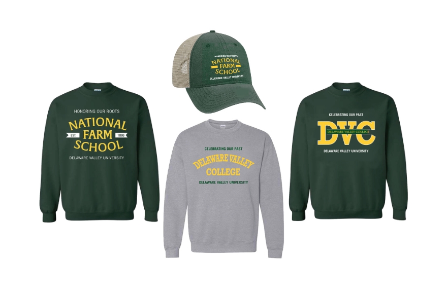 These are 3 lock-up's of nostalgic sweatshirts, and 1 hat with national farm school and Delaware Valley College logos.