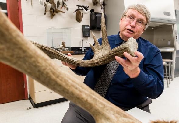 Professor Reg Hoyt is speaking and pointing to a fossil.