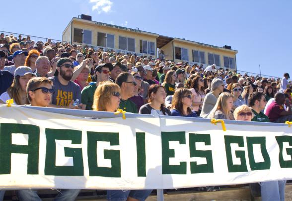 Go Aggies sign held up by alumni at the 2013 homecoming game in the stadium.