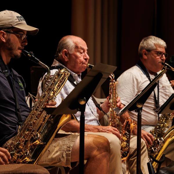 Three members of the summer jazz band playing on stage.