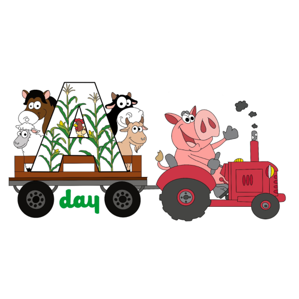 The aday logo designed by a student with animals on a tractor. 