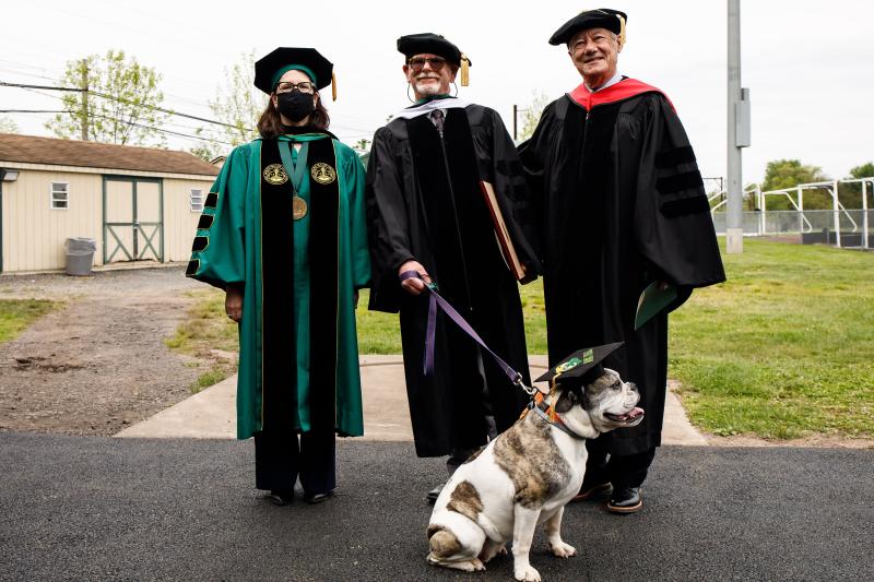 Dr Maria Gallo, DelVal’s 13th president, Commencement speaker Seamus McGraw and University Board Chair Majid Alsayegh.
