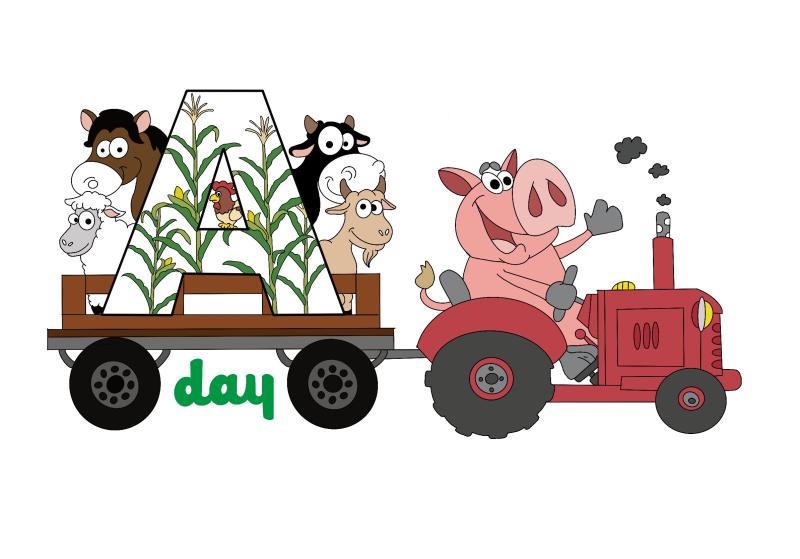 A-Day DelVal Logo with cartoon animals aboard a tractor. 
