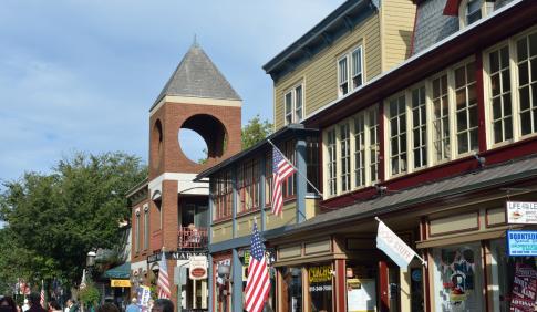 A row of businesses on the main street in Doylestown, Pennsylvania.