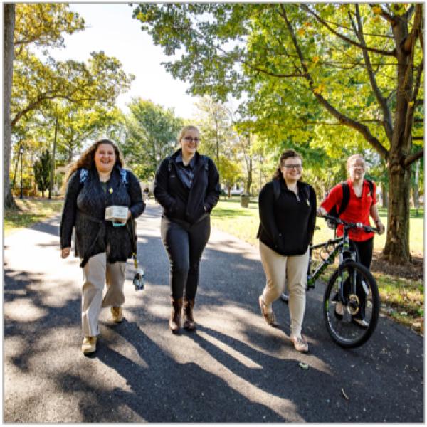 four students walking under trees on the DelVal campus