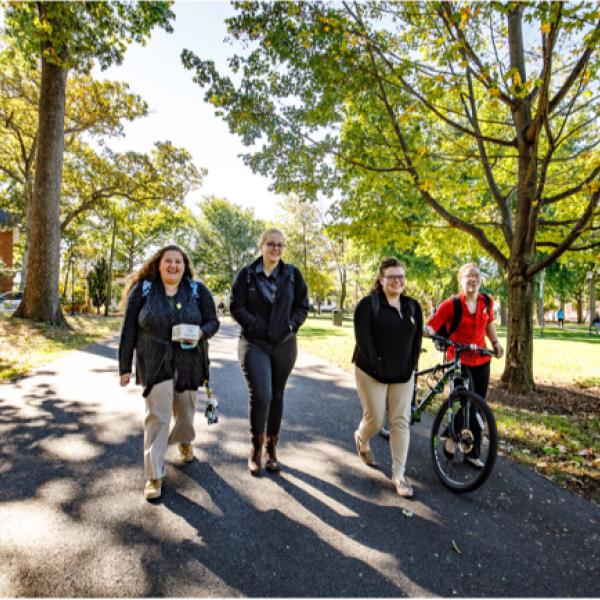 Four college-aged students walking together under some trees.